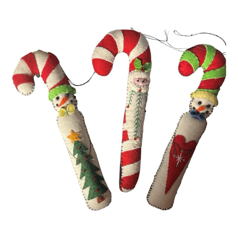 Vintage Christmas Ornaments Handmade Embroidered Candy Canes Snowmen Santa 8"